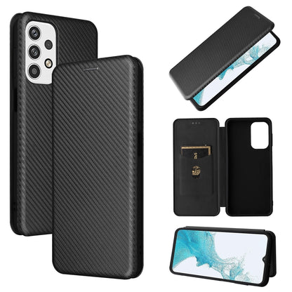 Black carbon fiber textured magnetic flip PU phone case with holder slot and cutouts