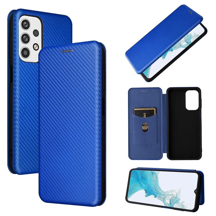 Blue carbon fiber textured magnetic flip PU phone case with holder slot and cutouts
