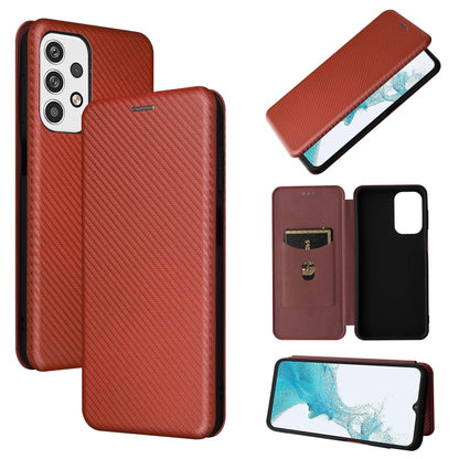 Red-orange carbon fiber textured magnetic flip PU phone case with holder slot and cutouts