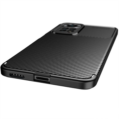 Black carbon-fiber textured TPU phone case showing bottom ports and charging cutout