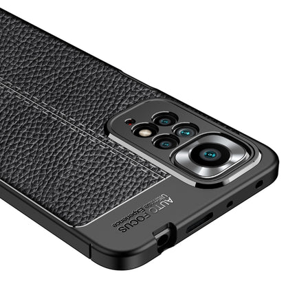 Black litchi-textured shockproof TPU case with reinforced corners and camera module