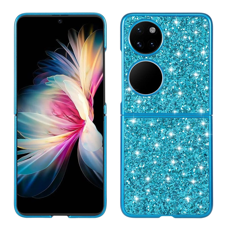 Blue glitter TPU folding phone case with dual cutouts and front cover
