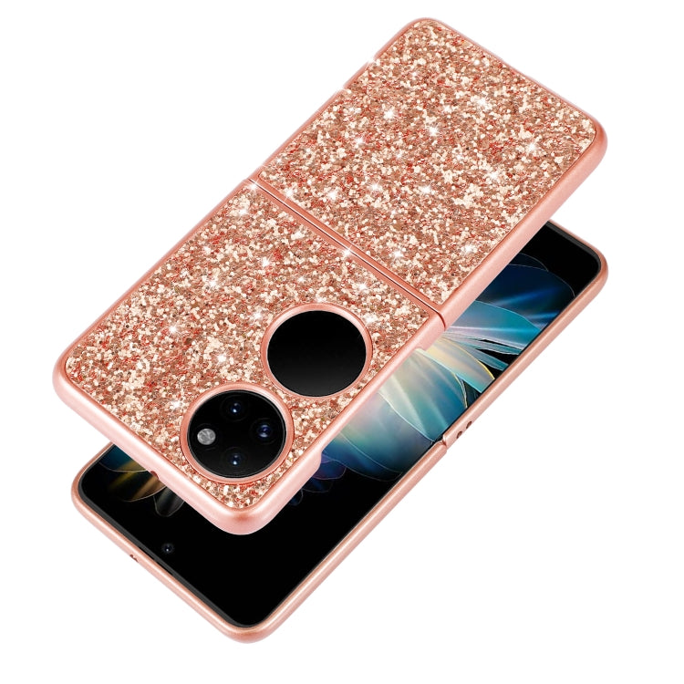 Rose gold glitter TPU folding phone case close-up, showing dual camera lens openings