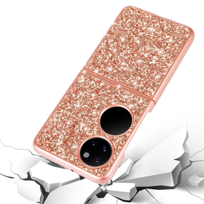 Rose gold glitter TPU folding phone case with two camera cutouts and shockproof edges