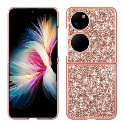 Rose gold glitter TPU folding phone case on phone, front and back views