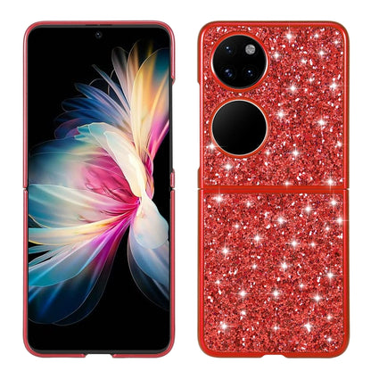 Red glitter folding TPU phone case with camera cutouts and raised edges