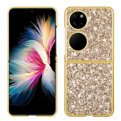Gold glitter folding TPU phone case with camera cutouts and circular fingerprint cutout