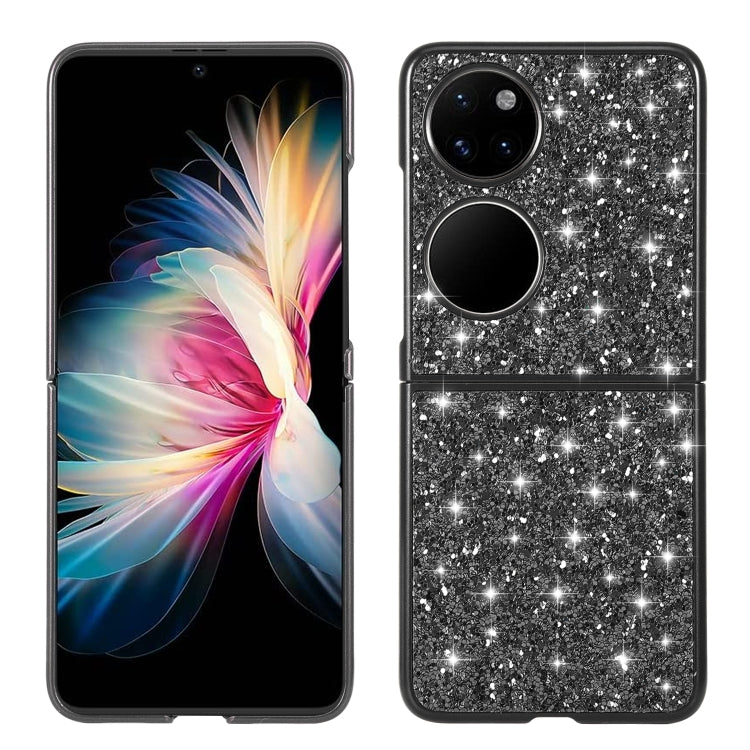 Black glitter folding TPU phone case with dual camera cutout and fingerprint opening
