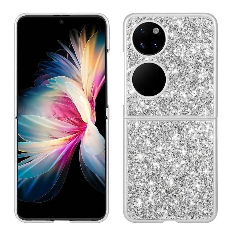 Silver glitter folding TPU phone case with camera cutouts and fingerprint opening