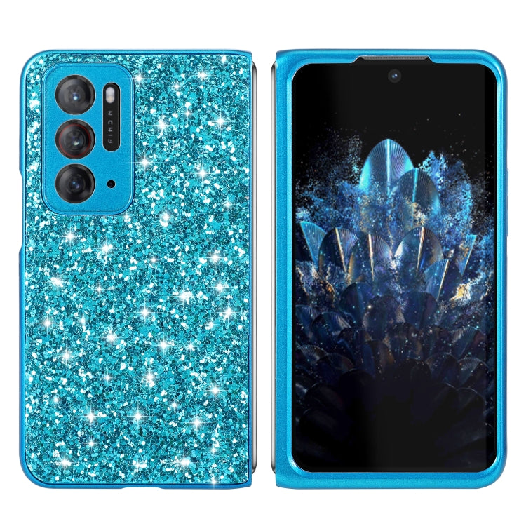 Blue glitter TPU folding phone case shown on phone, with dual camera cutouts