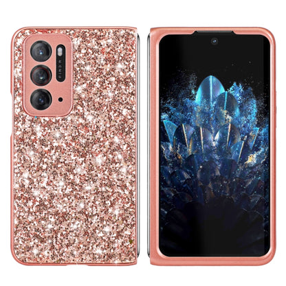 Rose gold glitter TPU folding phone case on phone back with camera lens openings