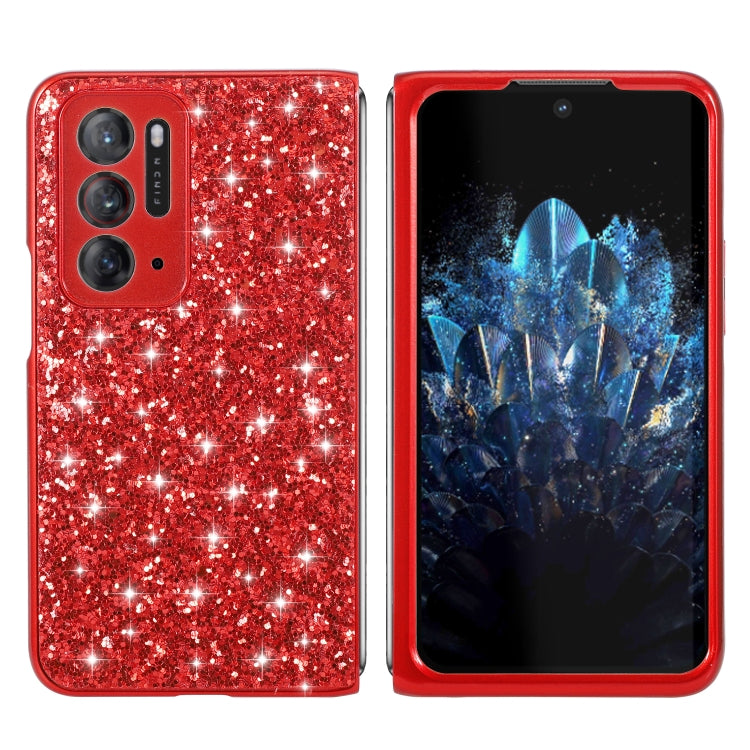 Red glitter folding TPU phone case back with triple camera cutouts and buttons