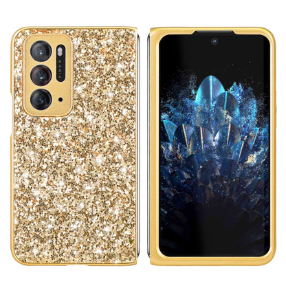 Gold glitter folding TPU phone case back with triple camera cutout and fingerprint circle