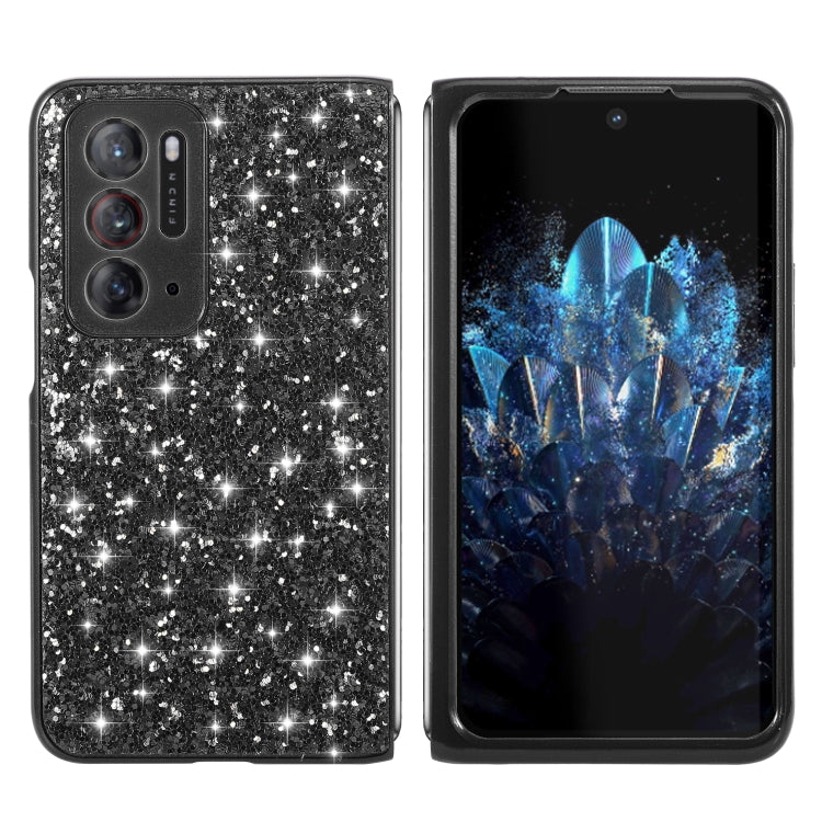 Black glitter folding TPU phone case back with triple camera cutouts and speaker cutout