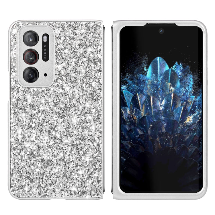 Silver glitter folding TPU phone case back with triple camera cutouts and button openings