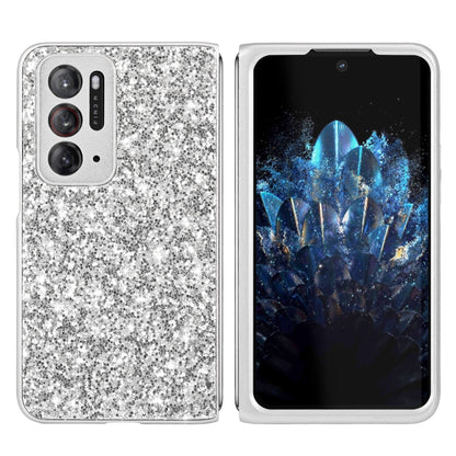 Silver glitter folding TPU phone case back with triple camera cutouts and button openings