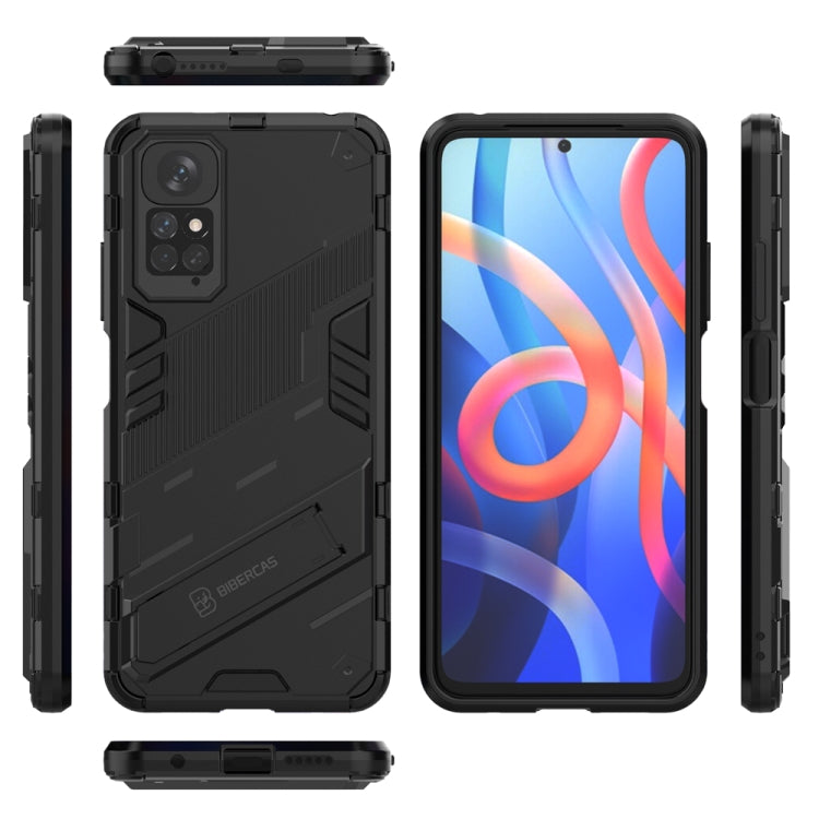 Rugged black phone case with side buttons and camera cutouts, includes kickstand
