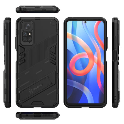 Rugged black phone case with side buttons and camera cutouts, includes kickstand