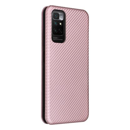 Pink carbon-fiber textured magnetic flip phone case with camera cutout