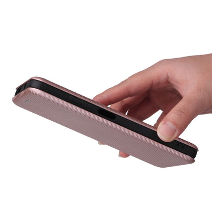 Pink magnetic flip phone case side view with carbon-fiber texture and button openings