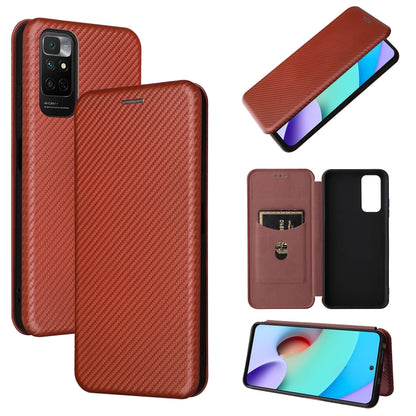 Brown carbon-fiber textured PU magnetic flip phone case, horizontal flip style.