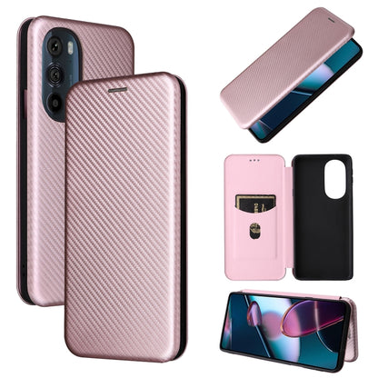 Pink carbon-fiber textured PU magnetic flip phone case with horizontal flip cover.