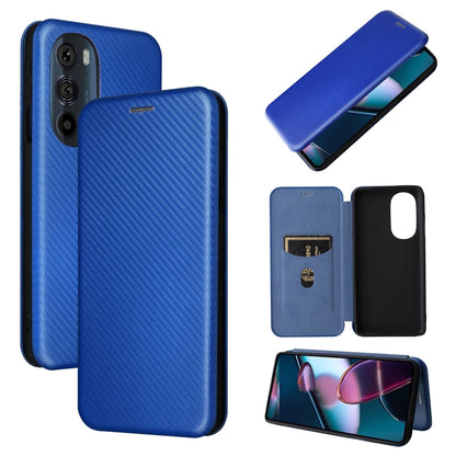 Blue carbon-fiber textured PU magnetic flip phone case, horizontal flip cover.
