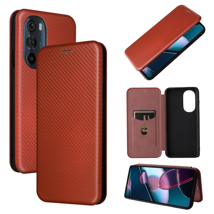 Orange-brown carbon-fiber textured PU magnetic flip phone case with horizontal flip cover.
