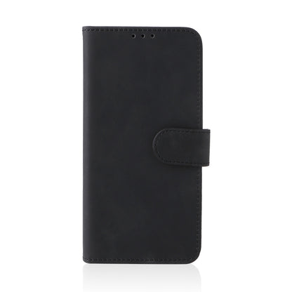 Black leather folio phone case with magnetic clasp and stitched edges, back view