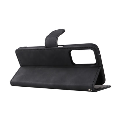 Black leather folio phone case with magnetic buckle, stand view and cutout window