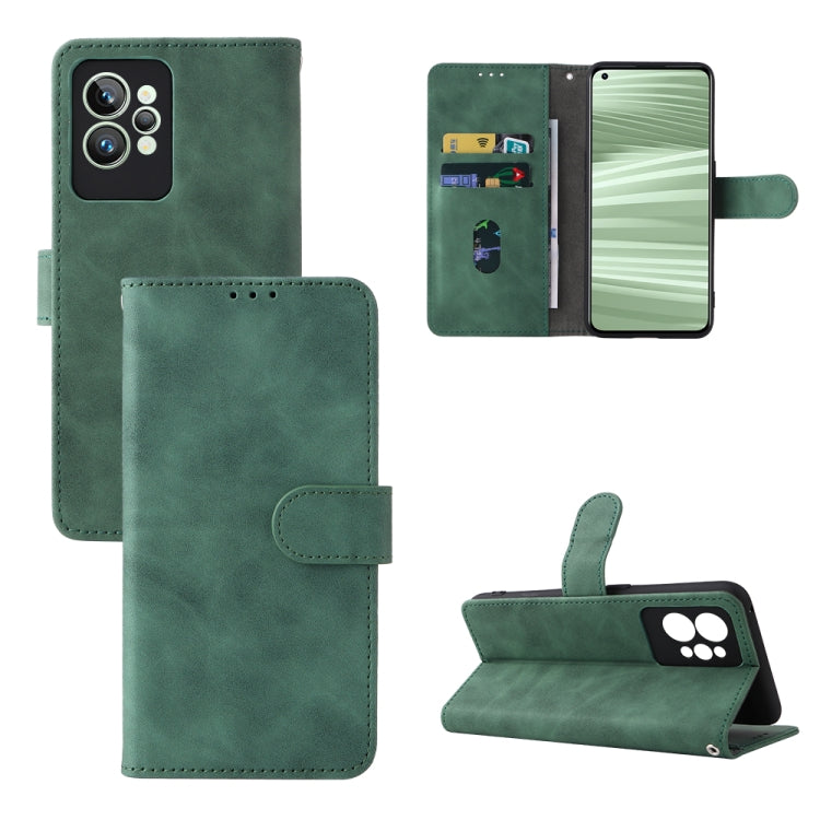 Green leather folio phone case with magnetic buckle, camera cutout, and flip stand