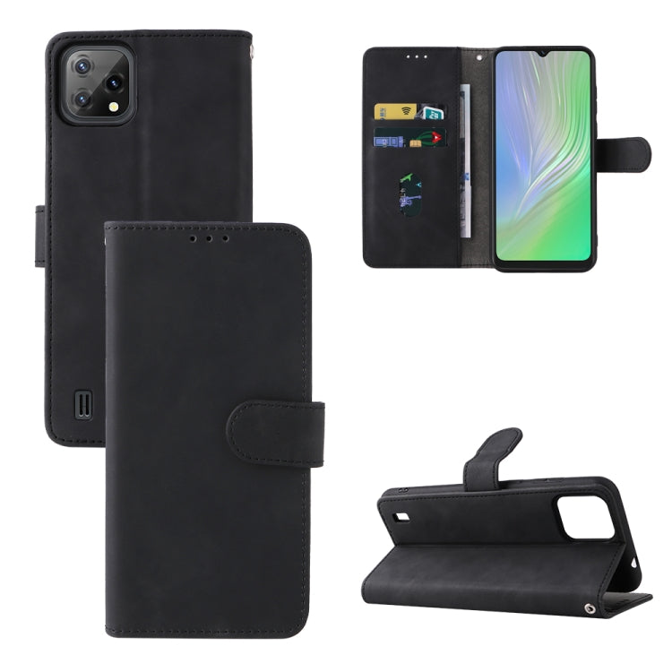 Black leather magnetic buckle phone case with folio cover, cutouts, stand view