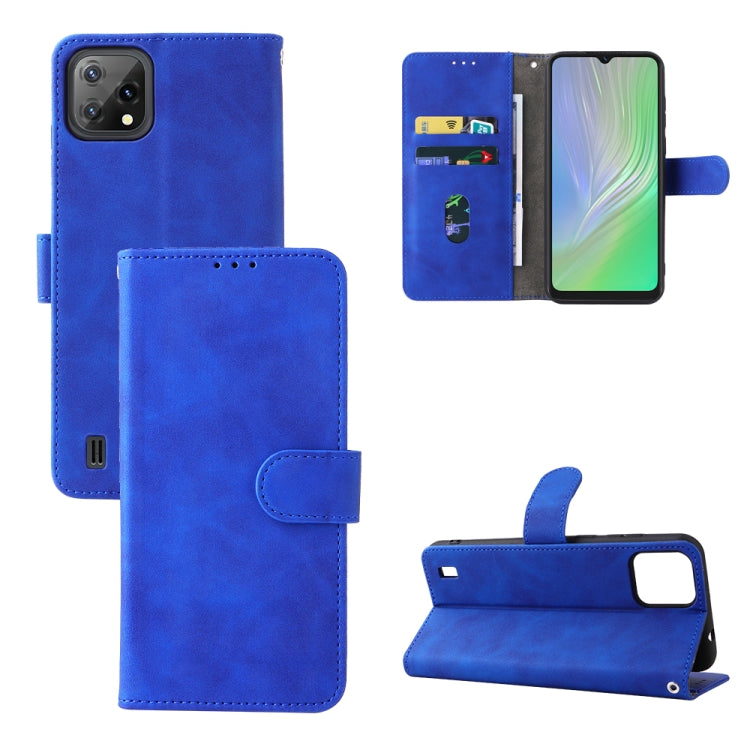 Blue leather magnetic buckle phone case with folio flap and card slots, stand