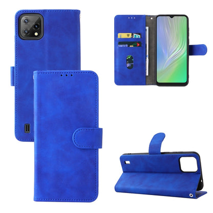 Blue leather magnetic buckle phone case with folio flap and card slots, stand