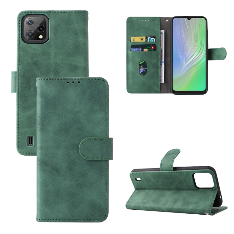 Green leather magnetic buckle phone case with folio flap, card slots, viewing stand