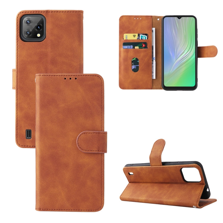 Brown leather folio phone case with magnetic buckle, card slots, stand and camera cutout