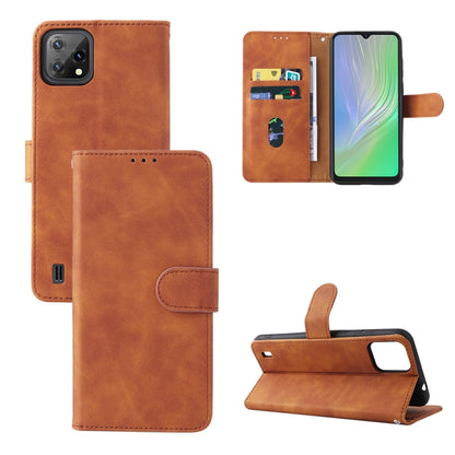 Brown leather folio phone case with magnetic buckle, card slots, stand and camera cutout