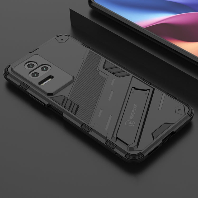 Rugged shockproof phone case with holder, dark back view and textured armor grips