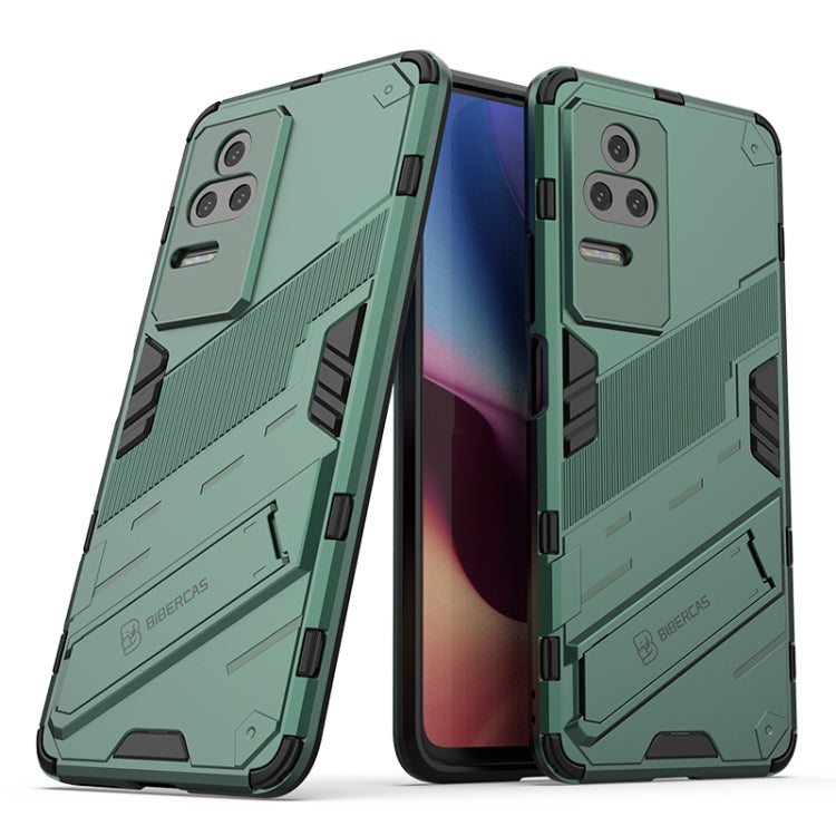 Rugged shockproof phone case with holder, green dual-layer textured armor