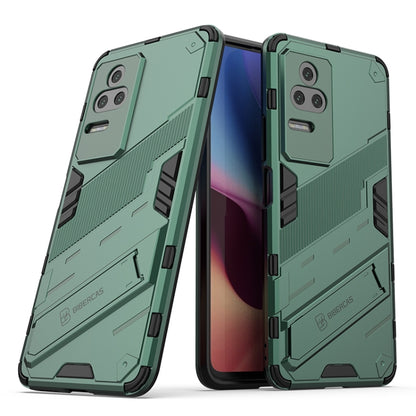Rugged shockproof phone case with holder, green dual-layer textured armor