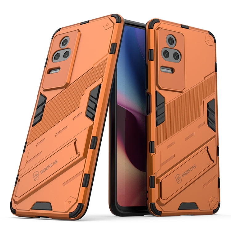 Rugged shockproof phone case with holder, orange dual-layer armor with grip details