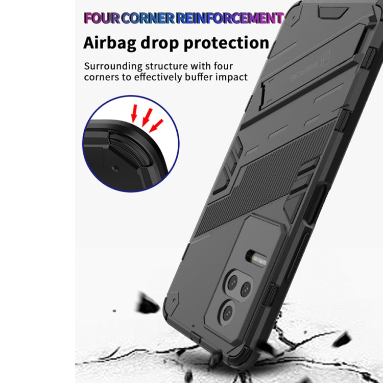 Shockproof phone case with holder, dark color, reinforced corners and camera cutouts