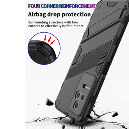 Shockproof phone case with holder, dark color, reinforced corners and camera cutouts