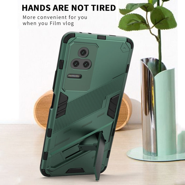 Shockproof phone case with holder, green, kickstand design and dual camera cutouts