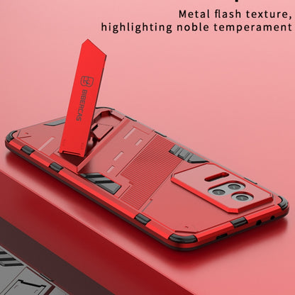 Shockproof phone case with holder, red, metal-textured back, stand and camera module