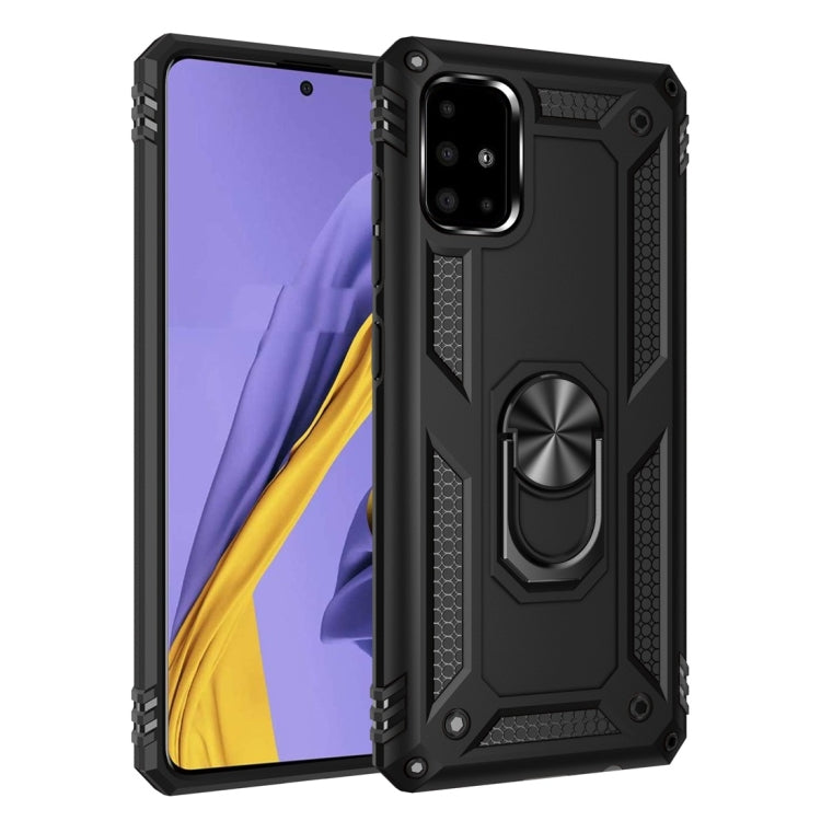 Black rugged shockproof phone case with metal ring 360° rotating holder, front and back visible