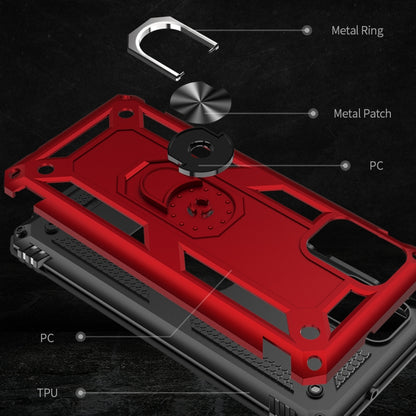 Red rugged protective phone case showing TPU and PC layers with metal ring holder