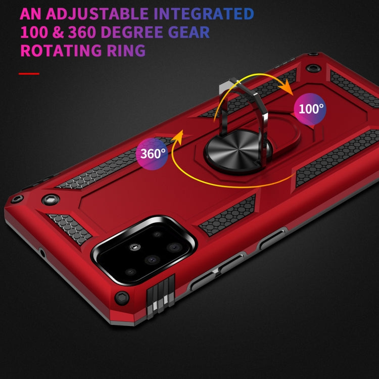 Red rugged phone case with adjustable 360° rotating metal ring holder on the back