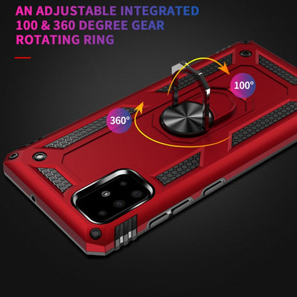 Red rugged phone case with adjustable 360° rotating metal ring holder on the back