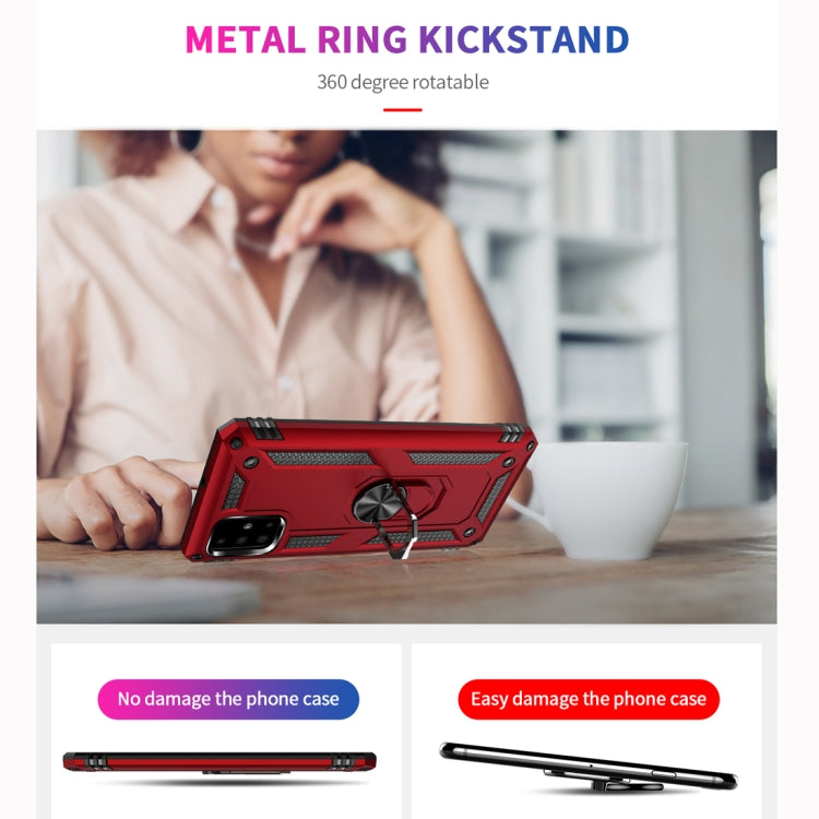 Red metal ring kickstand phone case with shockproof rugged frame, back view